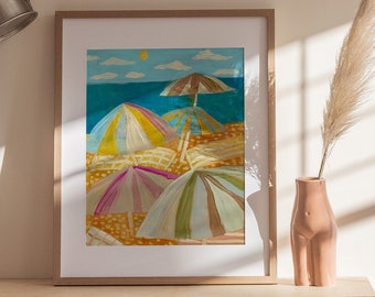 Beach Umbrellas Print | California Coastal Poster | Ocean Adventure Decor | Vintage Retro Midcentury Modern | Santa Barbara | Los Angeles