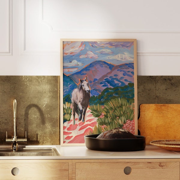 Colorful Southwestern Desert Horse Print | Vintage Midcentury Modern Landscape | Travel Nature Poster | Western Cactus Painting | Texas Art