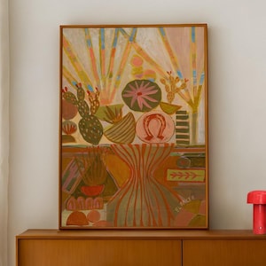 Pfirsich Feigenkaktus Stillleben Print | Western Wüstendekor | Neutrals Botanisches Reiseplakat | Floral Rocks Wandkunst Gemälde
