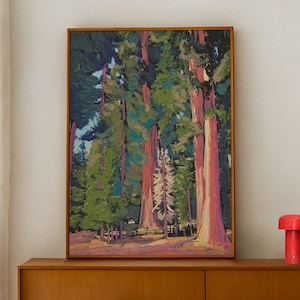 Redwood National Park Reise Poster | Abstraktes Kalifornien Poster | Mammutbaum-Waldpark Dekor | Vintage Midcentury Baum Wandkunst Gemälde