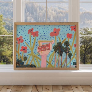 In-N-Out Burger Print | California Travel Poster | Vintage Los Angeles Hollywood Painting | Palm Trees Poppies Landscape | Midcentury Modern