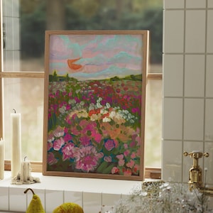 Ferme de fleurs californienne | Art mural botanique floral coloré | Voyager à Los Angeles | Tableau vintage rétro nature paysage