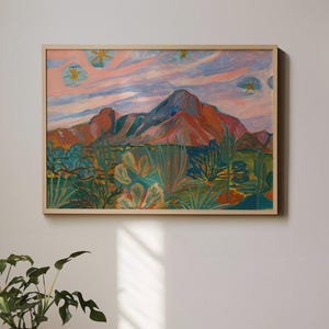 Wüste Sonnenuntergang Poster | Bunte Kaktus Landschaftsmalerei | Western-Texas Arizona Dekor | Yucca Saguaro Agave Wand Kunst | 50er Jahre