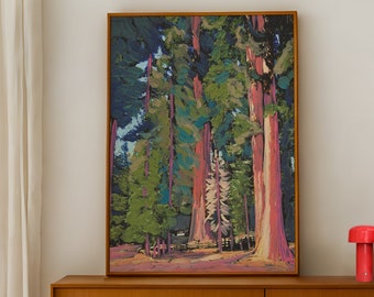 Redwood National Park Travel Poster | Abstract California Print | Sequoia Forest Park Decor | Vintage Midcentury Tree Wall Art Painting