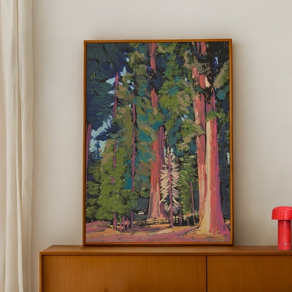 Redwood National Park reisposter | Abstracte Californië print | Sequoia Forest Park-decor | Vintage Midcentury boom muur kunst schilderij