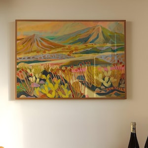Pfirsich Wüstenlandschaft Poster | Feigenkaktus Ocotillo Wand Kunst | Western Midcentury Modern Vintage Reiseplakat