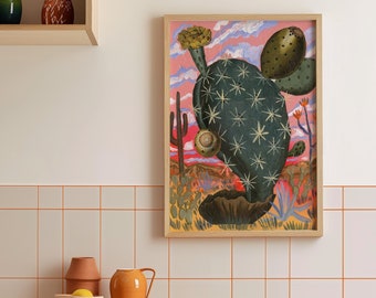 Vintage Prickly Pear Cactus Wall Art Print | Colorful Retro Desert Plant Collage | Arizona Texas Travel Poster | Midcentury Modern Decor