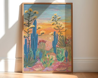 Saguaro Cactus Century Plant Print | Pink Desert Sunset Wall Art | Yucca Agave Western Painting | Vintage Retro Midcentury Modern Decor