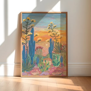 Impression de plante centenaire de cactus de Saguaro | Art mural rose coucher de soleil dans le désert | Peinture western yucca agave | Décoration vintage rétro moderne du milieu du siècle