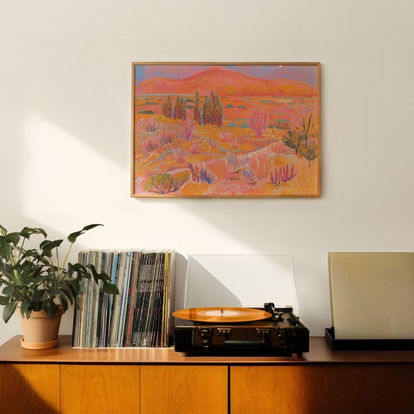Western Desert Print | Retro Midcentury Modern Poster | Botanical Cactus Decor | Pink Office Bedroom Painting | Vintage Wild West Art