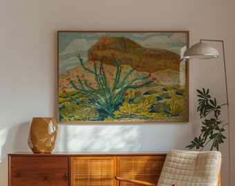 Botanical Ocotillo Landscape Print | Western Nature Poster | Big Bend National Park Painting | Marfa Terlingua Agave Cactus Plants | Vintage