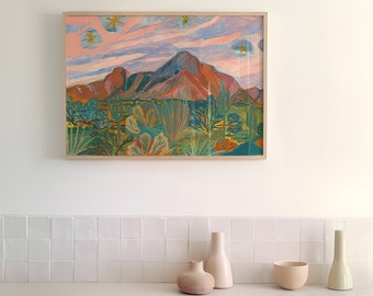 Vintage Desert Sunset Print | Colorful Cactus Landscape Painting | Western Texas Arizona Decor | Yucca Saguaro Agave Wall Art | Midcentury