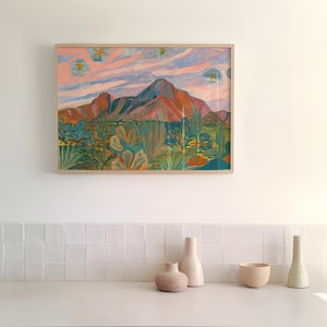 Vintage Desert Sunset Print | Colorful Cactus Landscape Painting | Western Texas Arizona Decor | Yucca Saguaro Agave Wall Art | Midcentury