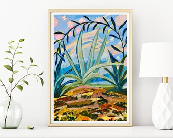 Rainbow Agave Plants Botanical Print | Western Cactus Wall Art | Vintage Midcentury Modern Desert Poster | Texas Nature Rocks Yucca Painting