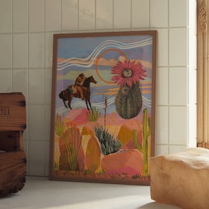 Wild West Mixed Media Collage Print | Desert Cactus Cowboy Sunset Wall Art | Arizona Texas New Mexico Travel Poster | Vintage Retro Modern