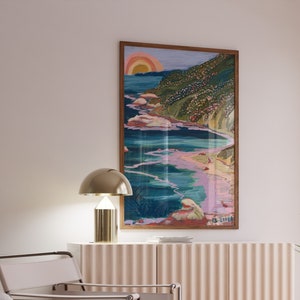 Big Sur California Print | Colorful Travel Poster | San Francisco Beach Coastal Decor | Pacific Highway Landscape | Poppies Rainbow Ocean