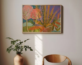 Stampa vegetale astratta colorata / Poster botanico vintage / Arte floreale moderna della metà del secolo / Pittura di fiori di Matisse / Decoro di fiori di campo