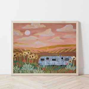 Vintage Airstream Travel Trailer Print | West Texas Desert Landscape Painting | Southwestern Botanical Poster | Sunflowers Cactus Art