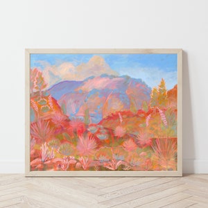 Western Watercolor Print | Southwestern Pastel Agave Yucca Landscape Poster | New Mexico Arizona Texas Travel Painting | Pink Retro Rock Art