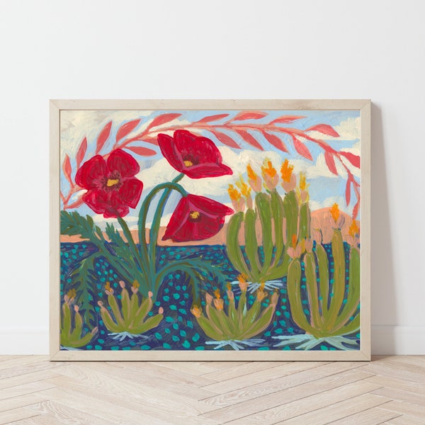 impression de coquelicots rouges vintage | Art mural nature paysage californien | affiche de voyage rétro | Décoration florale botanique moderne de cactus du milieu du siècle