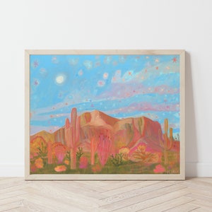 Arizona Mountain Landscape Print | Western Cactus Travel Poster | Pastel Sunset Painting | Yucca Agave Saguaro Decor | Vintage Midcentury