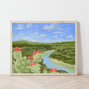 Pedernales River Print | Texas Travel Poster | Austin Hill Country Painting | Prickly Pear Clouds Landscape | Vintage Cactus