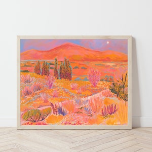 Western Desert Print | Retro Midcentury Modern Poster | Botanical Cactus Decor | Pink Office Bedroom Painting | Vintage Wild West Art