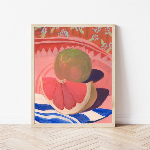 Grapefruit Still Life Print | Colorful Fruit Painting | Vintage Midcentury Modern Decor | Kitchen Wall Art | Citrus Poster