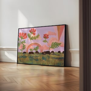 Buffalo Print | Western Landscape Decor | Abstract Botanical Painting | Red Poppy Poster | Rainbow Art | Southwestern Travel Gift