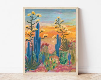 Saguaro Cactus Century Plant Print | Pink Desert Sunset Wall Art | Yucca Agave Western Painting | Vintage Retro Midcentury Modern Decor