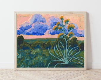 Zonsondergang eeuw plantenprint | West-Texas reisposter | Kleurrijk botanisch landschap | Austin Zuidwest | Vintage natuur wanddecoratie