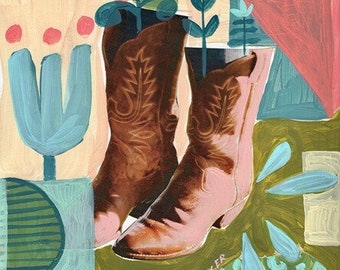 Cowboy Boots Print | Austin Texas Wall Art | Retro Midcentury Poster | Abstract Geometric Decor | Matisse Flowers Shapes | Texas Gift