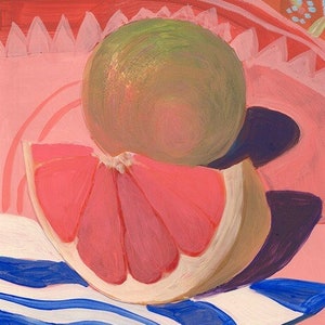Grapefruit Still Life Print | Colorful Fruit Painting | Vintage Midcentury Modern Decor | Kitchen Wall Art | Citrus Poster