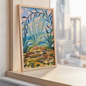 Regenbogen Agave Pflanzen Kunstdruck | Western Kaktus Wand Kunst | Vintage Midcentury Modernes Wüsten Poster | Texas Nature Rocks Yucca-Malerei