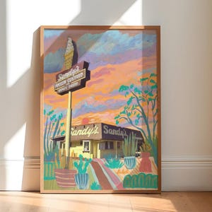 Sandys Austin Texas Druck | Sonnenuntergang Pflanze Poster | Retro Vintage Reise-Kunst | Barton Springs Küche Dekor | Natur Kaktus Pflanzen