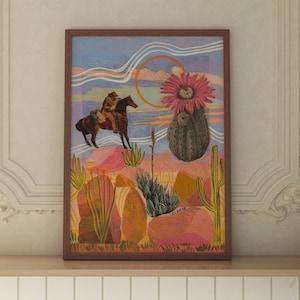 Wild West Cactus Sunset Art Print: Vintage Cowboy Desert Wall Decor