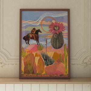 Lámina artística de atardecer con cactus del lejano oeste: decoración de pared vintage de vaqueros y desierto