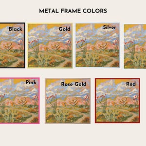 The image is a collage of six different color variations of a landscape painting, each with a different metal frame color applied to it.