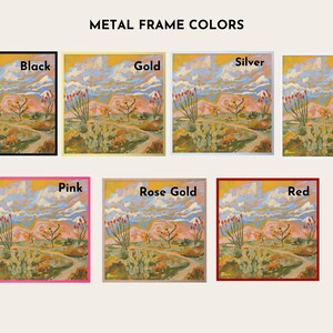 The image is a collage of six different color variations of a landscape painting, each with a different metal frame color applied to it.