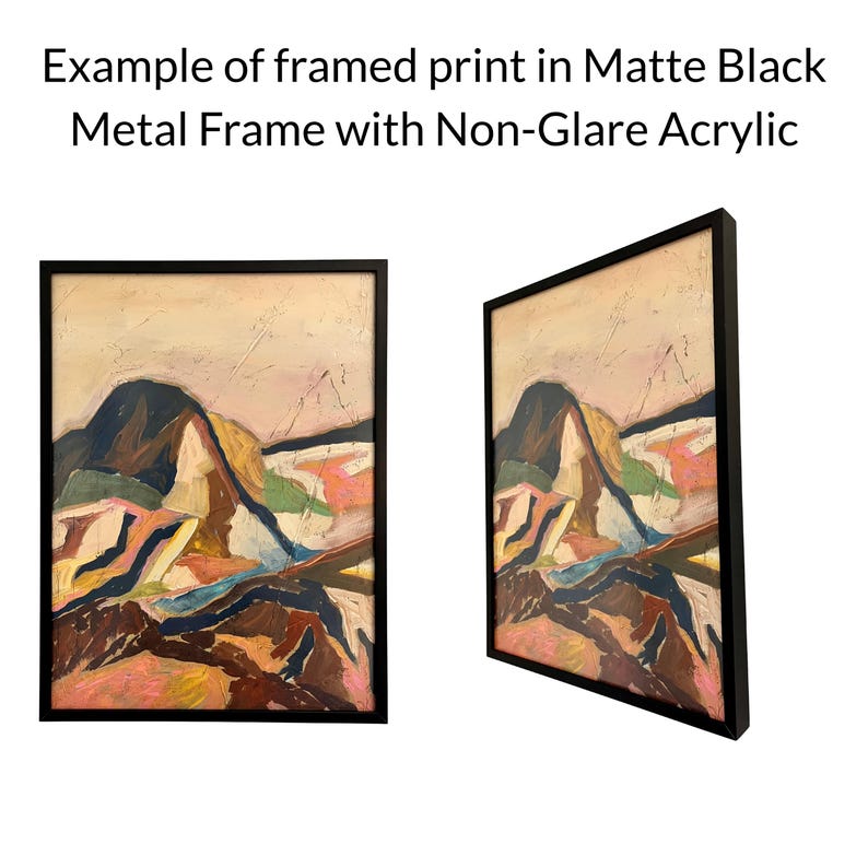 The image is an example of a framed print in a matte black metal frame with a non-glare acrylic finish. The print depicts a landscape scene with mountains and hills in various colors and textures.