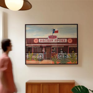 Gebrochene Speiche Austin Texas Kunstdruck | Vintage Western Poster | Midcentury Moderne Kaktus Original Malerei | Rodeo Cowboy große Wand