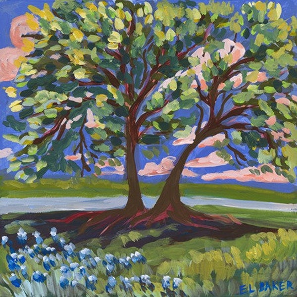 Live Oak Tree Print | Texas Hill Country Bluebonnets Painting | Austin Nature Landscape | Western Wildflowers Decor | Vintage Travel Art