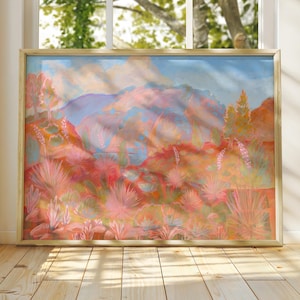 Impresión de acuarela occidental / Póster de paisaje de agave y yuca pastel del suroeste / Pintura de viaje de Nuevo México, Arizona y Texas / Arte rupestre retro rosa