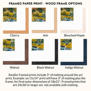 a collection of framed paper prints, each with a different wood frame option. The framed prints include cherry, ash, bleached maple, walnut, black walnut, and indigo walnut frames. The image also provides information about the size of the framed prints, with smaller framed prints including 3" of matting around the art print and larger framed prints not being available with matting.
