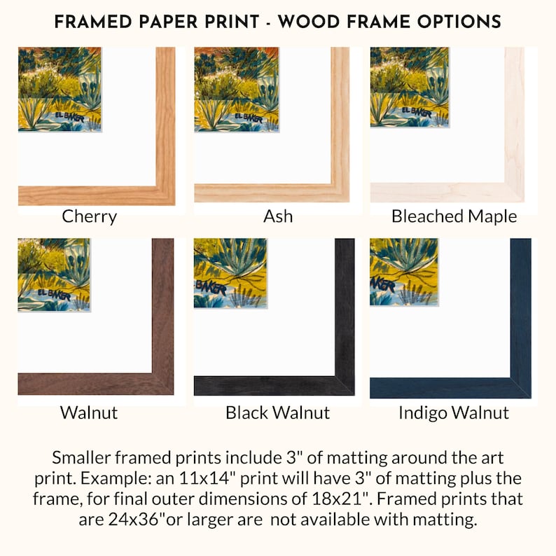 a collection of framed paper prints, each with a different wood frame option. The framed prints include cherry, ash, bleached maple, walnut, black walnut, and indigo walnut frames. The image also provides information about the size of the framed prints, with smaller framed prints including 3" of matting around the art print and larger framed prints not being available with matting.