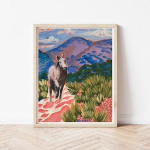 Buntes südwestliches Wüstenpferd | Vintage Midcentury moderne Landschaft | Reise Natur Poster | Western Kaktus Gemälde | Texanische Kunst
