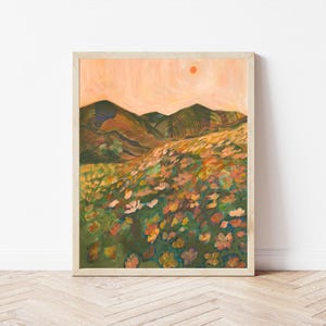 Impresión de paisaje de amapolas de California en tonos pastel / Póster de viaje de San Francisco a Big Sur / Arte mural moderno retro de flores silvestres / Desierto vintage