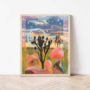 Wüste Sonnenuntergang Felsen Poster | Vintage Western Cowboyhut | Southwestern Travel Art | Midcentury Modern Retro Joshua Tree Nationalpark | Dekor