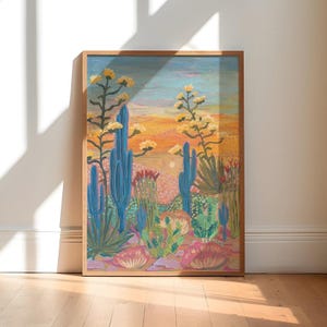 Saguaro Cactus Print: Pink Desert Sunset, Mid-Century Modern Wall Art