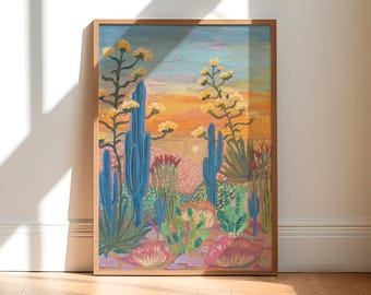 Saguaro Cactus Print: Pink Desert Sunset, Mid-Century Modern Wall Art